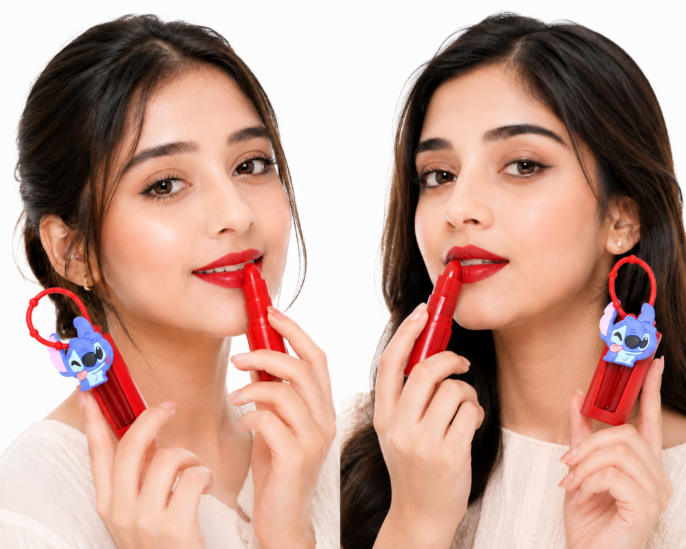 Cute cartoon keychain lipstick with red lip colour and hanging character charm