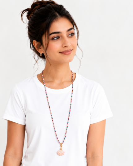 Long Colorful Beaded Mala Necklace with Shell Pendant for Girls