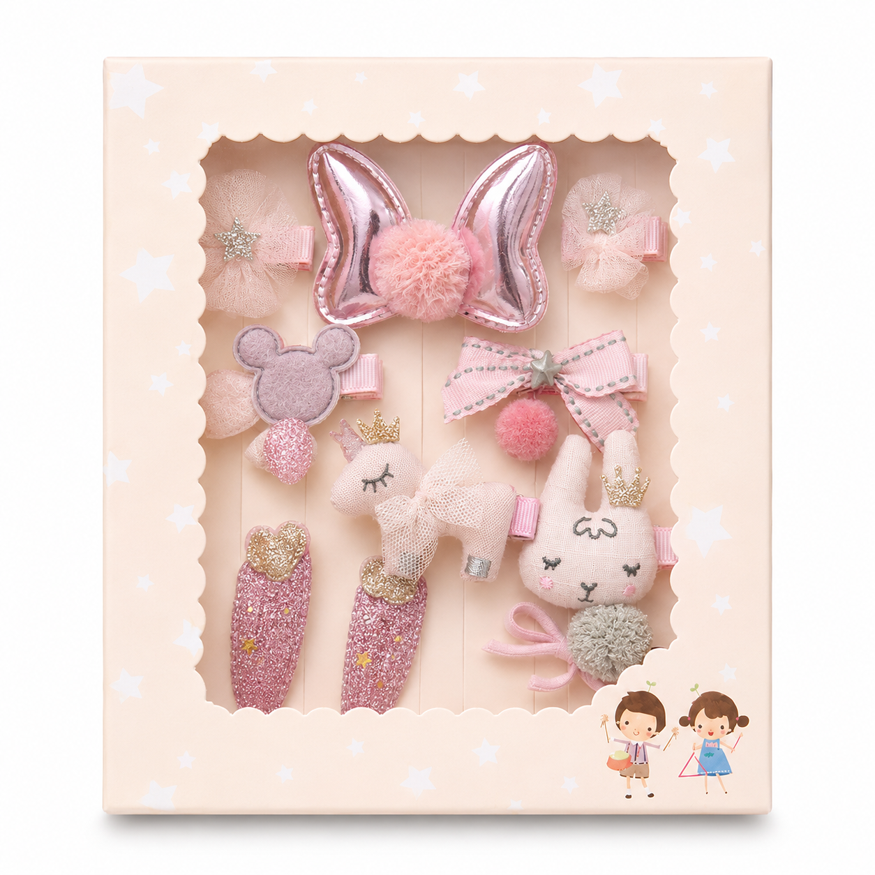 Luxury Handmade Girls Hair Clips Gift Box – Pastel Bow, Flower & Star Hair Accessories Set Luxury Handmade Girls Hair Clips Gift Box – Pink Bunny Design - Image 1