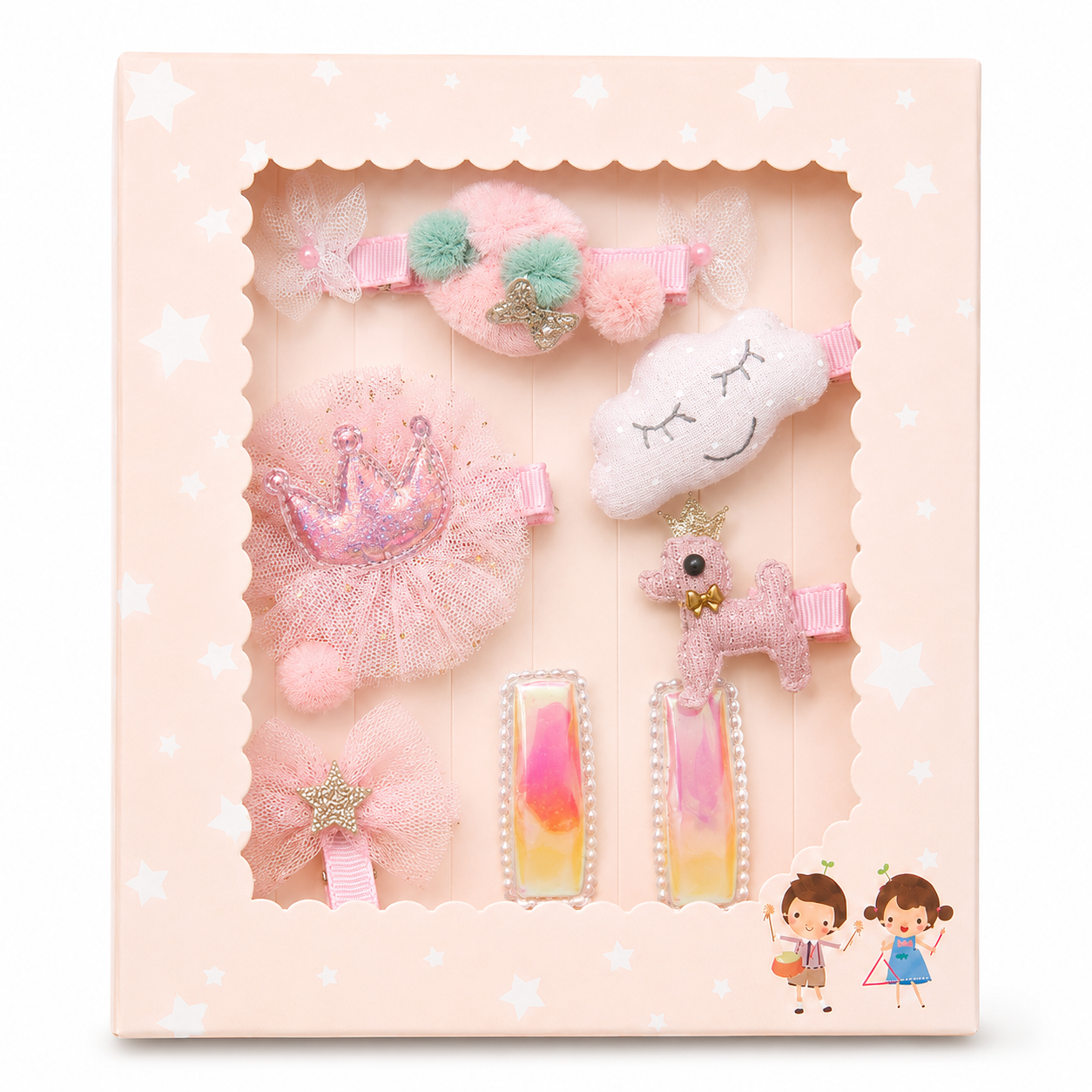 web5 Luxury Handmade Girls Hair Clips Gift Box – Pastel Character Design - Image 1