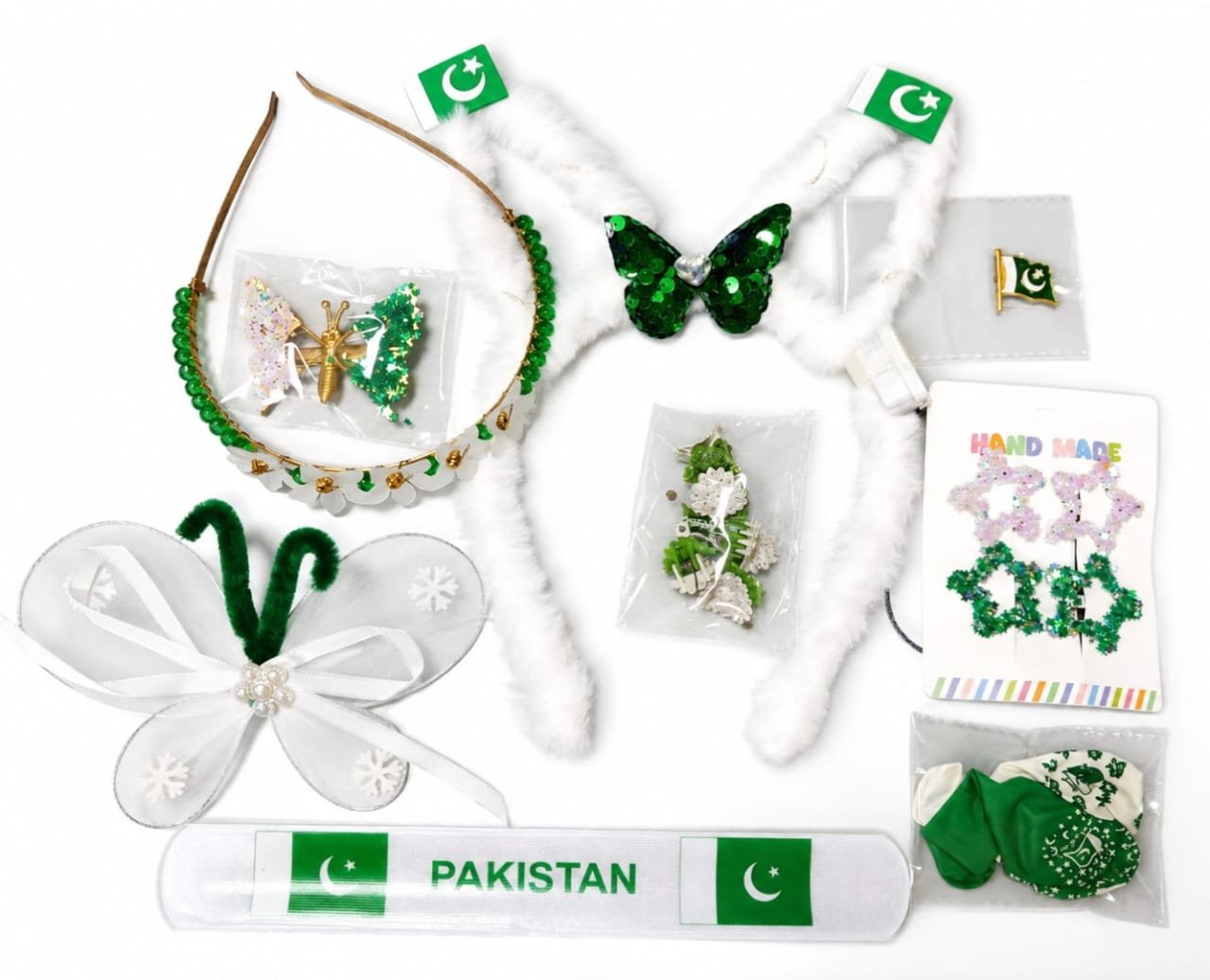 Pakistan Independence Day Accessories Set for Girls – 14 August Green & White Celebration Pack Pakistan Independence Day Accessories Set for Girls – 14 August Green & White Celebration Pack - Image 1